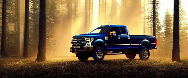 Prompt: navy blue Ford F-250 super duty pickup truck (2018), an epic fantasy, dramatic lighting, cinematic, establishing shot, extremely high detail, photorealistic, cinematic lighting, artstation, by simon stalenhag, driving on a forest trail