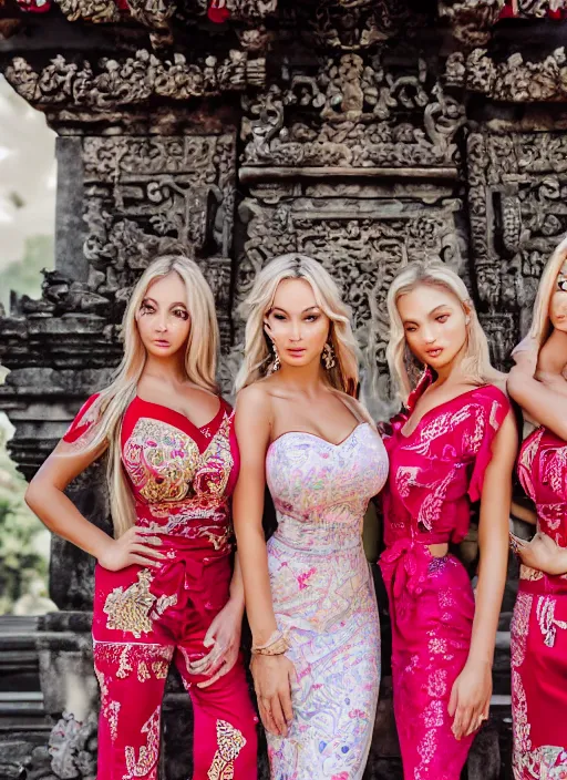 Image similar to portrait of lindsey pelas and her friends wearing kebaya in bali temple, by charlotte grimm, natural light, detailed face, beautiful features, symmetrical, canon eos c 3 0 0, ƒ 1. 8, 3 5 mm, 8 k, medium - format print, half body shot