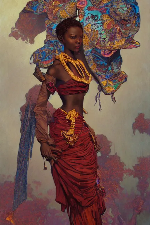 Prompt: african girl in traditional clothes in an office, art by joseph leyendecker, donato giancola, ruan jia, marc simonetti, peter mohrbacher, ayami kojima, cedric peyravernay, alphonse mucha, victo ngai, hyper detailed 4 k