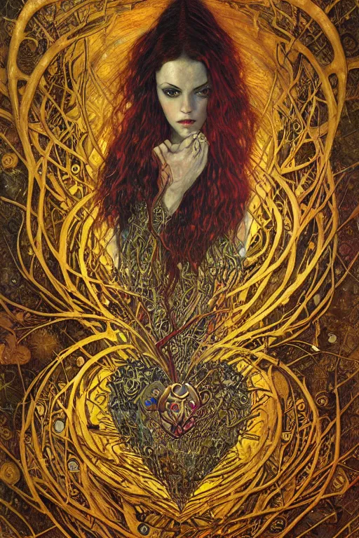 Image similar to Heart of Thorns by Karol Bak, Jean Deville, Gustav Klimt, and Vincent Van Gogh, Surreality, otherworldly, infernal enigma, Helliquary, fractal structures, celestial, arcane, ornate gilded medieval icon, third eye, spirals, dramatic sharp thorns, rich deep moody colors