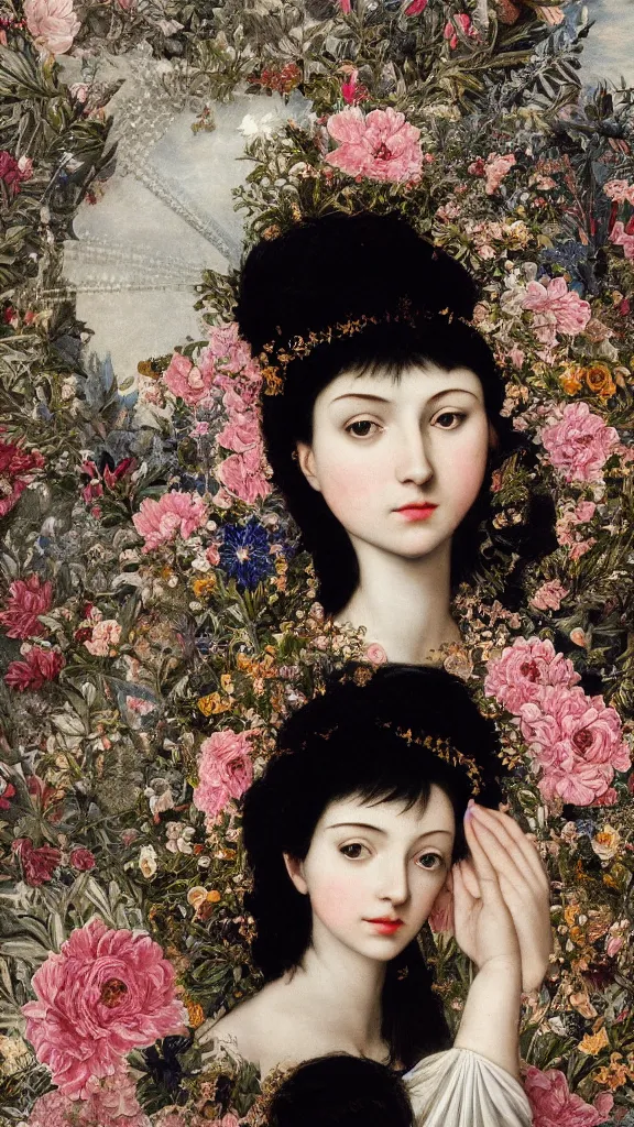 Image similar to a closeup portrait of a beautiful black haired woman with pale skin and a crown on her head sitted on an intricate metal throne, in an infinite landscape of flowers, photograph by caravaggio, canon eos c 3 0 0, ƒ 1. 8, 3 5 mm, 8 k, medium - format print