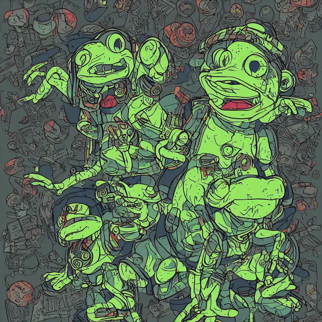 Prompt: toad head, ryuta ueda artwork, breakcore, style of jet set radio, y 2 k, gloom, space, cel - shaded art style, frogs, amphibians, sacred geometry, data, minimal, code, cybernetic, dark, eerie, cyber