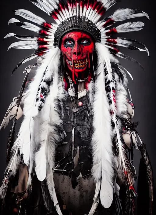 Prompt: the ghost - spirit of the grim - warpaint wears the scarlet skull armor and native blood headdress feathers, midnight fog - mist!, realism, cinematic lighting, various refining methods, micro macro autofocus, ultra definition, award winning photo