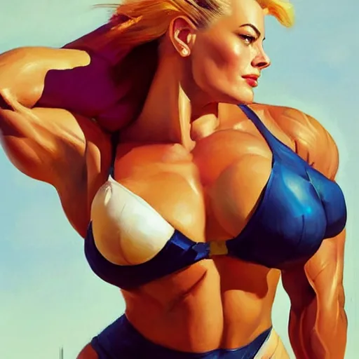 Prompt: greg manchess portrait painting of margot robbie as beautiful thick female bodybuilder zarya from overwatch, medium shot, asymmetrical, profile picture, organic painting, sunny day, matte painting, bold shapes, hard edges, street art, trending on artstation, by huang guangjian and gil elvgren and sachin teng