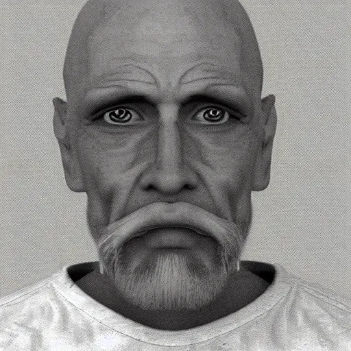 Image similar to A mugshot portrait of a bald old man who looks like Jerma985 with a beard, wearing mid-1980s menswear in the late 2008, taken in the late 2010s, grainy, realistic, hyperrealistic, very realistic, highly detailed, very detailed, extremely detailed, detailed, trending on artstation, front facing, front view, headshot and bodyshot, detailed face, very detailed face