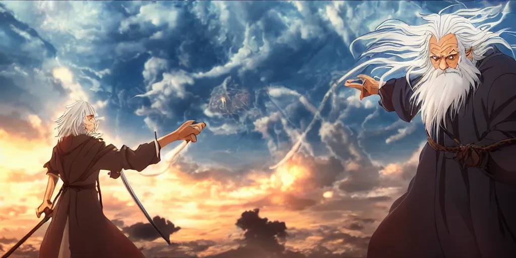 Image similar to A still from an Anime movie adaption of Gandalf vs The Balrog, Anime art style, 4K, highly detailed