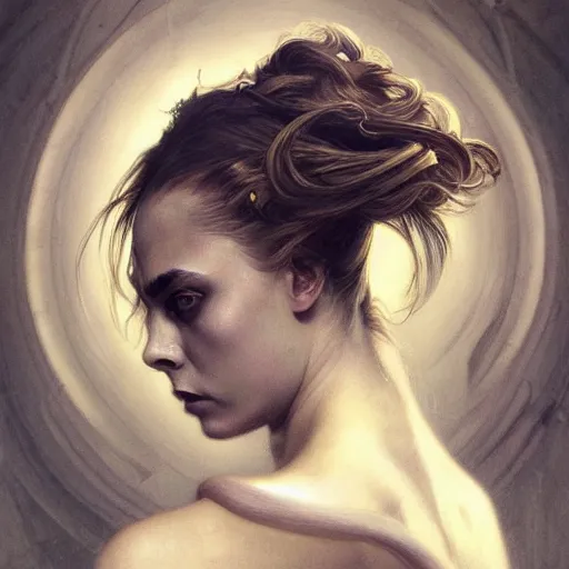 Prompt: Cara Delevigne , intricate, elegant, highly detailed, digital painting, artstation, HR GIGER, Hieronymus Bosch, Francis Bacon, concept art, smooth, sharp focus, illustration, art by artgerm and greg rutkowski and alphonse mucha