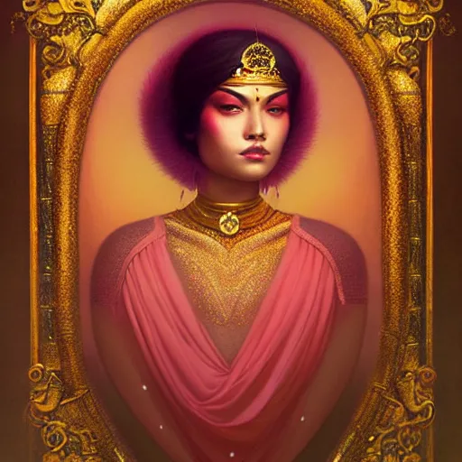 Prompt: portrait of a majestic asian indian queen of beauty, pink and gold, by Anato Finnstark, Tom Bagshaw, Brom