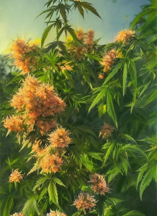 Image similar to oil painting by anders zorn, nature, bush, marijuana flowers, backlit cannabis leaves with backlight