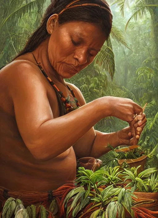 Image similar to a beautiful close up portrait of an indigenous woman preparing plant medicines in the jungle, highly detailed, art by christophe vacher