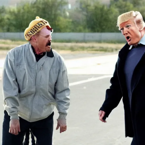 Prompt: donald trump skateboarding while being yelled at by walter white