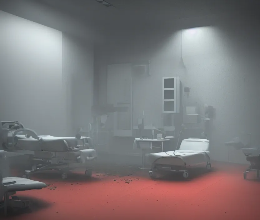 Prompt: Abandoned hospital room with red ceiling lighting and several blue lights on the walls, gloomy and foggy atmosphere, octane render, artstation trending, horror scene, highly detailded