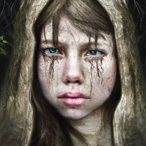 Image similar to a crying girl in the woods, sci - fi, detailed portrait, 3 d