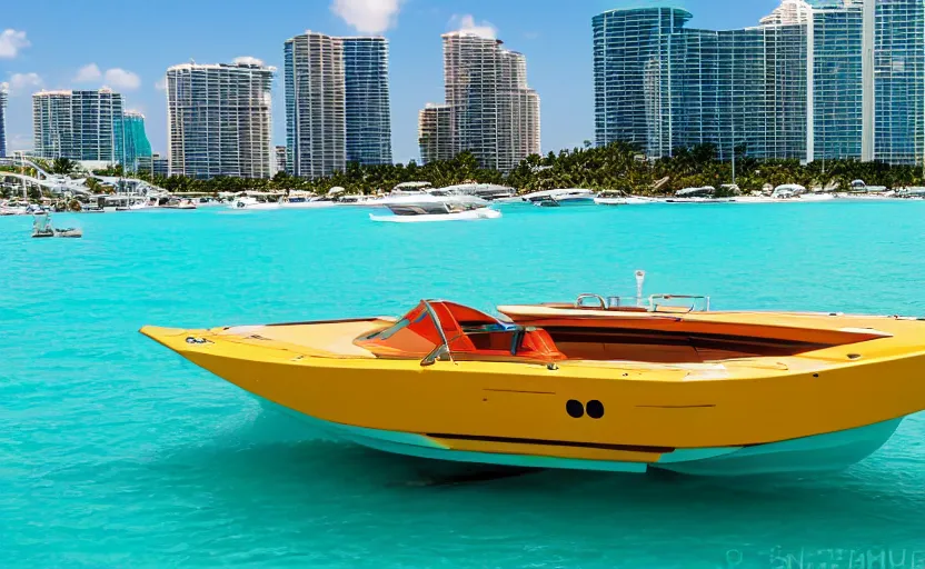 Prompt: a sport boat in a turquoise water. miami. 8 0's style