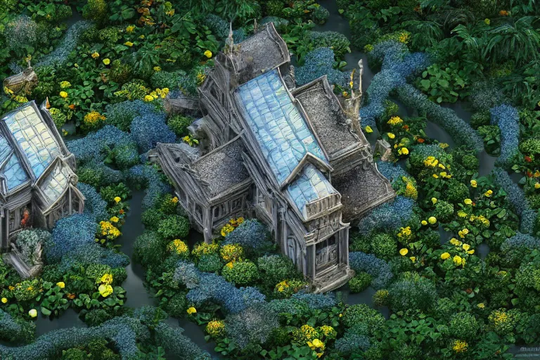 Prompt: Miniature opalescent palace with gardens and a pond, by Pranckevicius, aerial view. Octane render