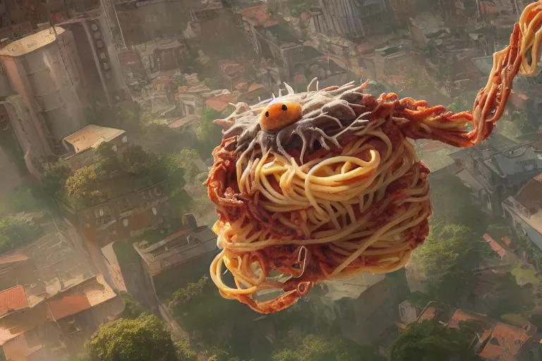 Image similar to spaguetti monster flying over a small town, made by Stanley Artgerm Lau, WLOP, Rossdraws, ArtStation, CGSociety, concept art, cgsociety, octane render, trending on artstation, artstationHD, artstationHQ, unreal engine, 4k, 8k,