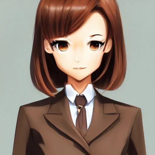 Image similar to woman in business suit, brown neat hair, animesque, pixiv, fanbox, trending on artstation, digital art, portrait, modern, sleek, highly detailed, formal, serious, determined, competent, colorized, smooth, charming, pretty, safe for work, law office