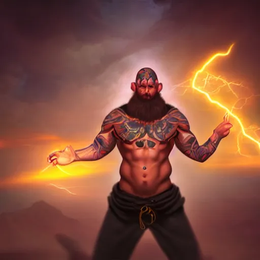 Prompt: tattooed gym bro mage in a lightning storm magic spell vfx, diagonal spell vfx, hearthstone colour style, fantasy game spell icon, fantasy epic digital art, by greg rutkowski