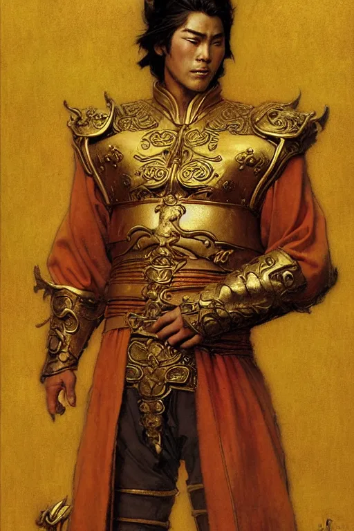 Prompt: tales of earthsea, attractive male with golden armor, ming dynasty, character design, painting by gaston bussiere, craig mullins, j. c. leyendecker, tom of finland