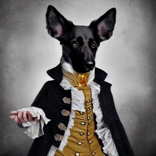 Image similar to dog, alexander hamilton style, beautiful costume, dark fantasy, liminal space, dark paradise, digital art, 4 k