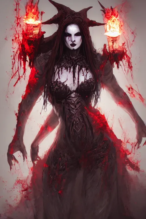 Image similar to face closeup of lilith diablo necromancer, witch covered in blood, fallen angel, diablo, 3 d render, hyper - realistic detailed portrait, holding fire and electricity, ruan jia, wlop. scifi, fantasy, magic the gathering, hyper detailed, octane render, concept art, peter mohrbacher