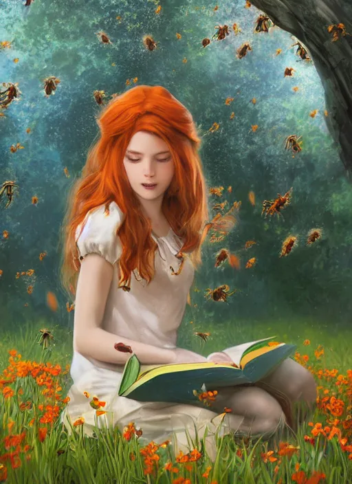 Image similar to An epic fantasy comic book style portrait painting of a young red headed girl reading a book in a field of flowers surrounded by bees in the style of the wheel of time, unreal 5, DAZ, hyperrealistic, octane render, cosplay, RPG portrait, dynamic lighting
