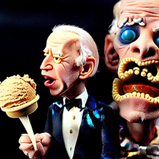 Image similar to claymation joe biden insatiable hunger for ice cream by jan svankmajer, hyperrealistic, very detailed, tim burton, 3 5 mm film still, gothic, horror, eldritch