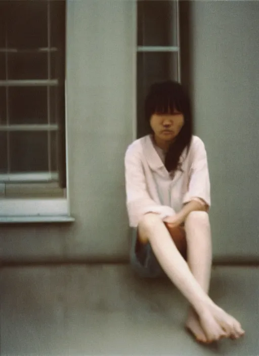Prompt: photography girl looking sitting next to window by rinko kawauchi