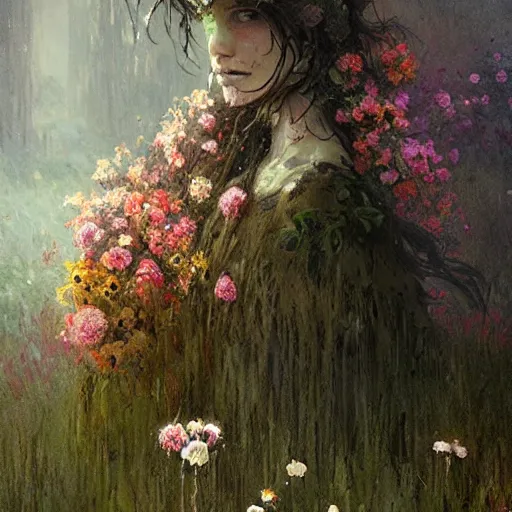 Image similar to a beautiful terrifying monster made of flowers. ethereal horror fantasy art by greg rutkowski and monet