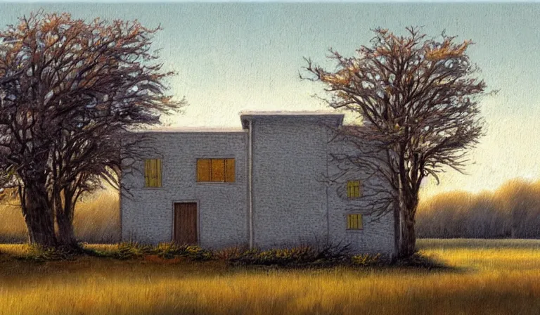 Prompt: A serene landscape with a singular building in the style of Terry Redlin.