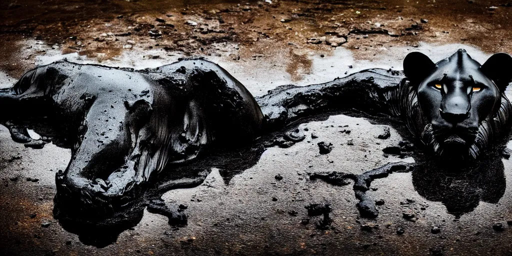 Image similar to the black lioness made of tar, dripping tar, dripping goo, sticky black goo, bathing in the pit filled with tar, dripping goo, sticky black goo. photography, dslr, reflections, black goo, rim lighting, cinematic light, tar pit saturated