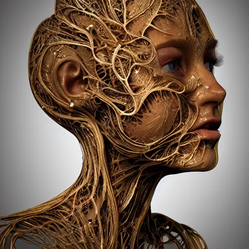 Image similar to beatifull face portrait of a woman, 150 mm, anatomical, flesh, flowers, mandelbrot fractal, facial muscles, veins, arteries, intricate, golden ratio, full frame, microscopic, elegant, highly detailed, ornate, ornament, sculpture, elegant , luxury, beautifully lit, ray trace, octane render in the style of peter Gric , alex grey and Romero Ressendi