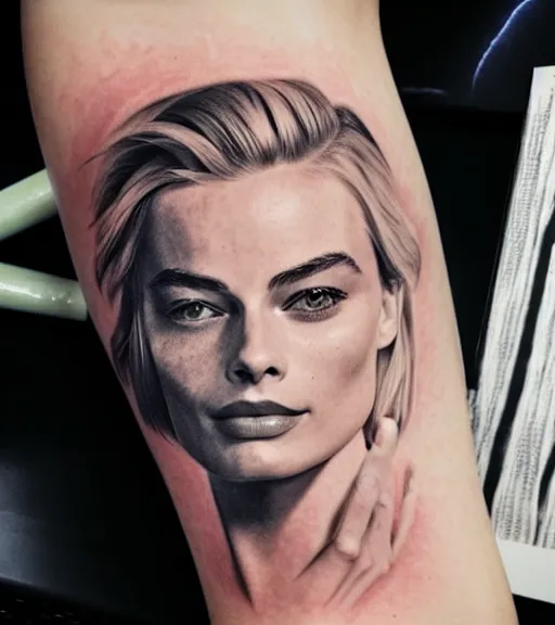 Image similar to A realistic tattoo design of margot robbie on white paper, realism tattoo design, highly detailed tattoo, shaded tattoo, hyper realistic tattoo