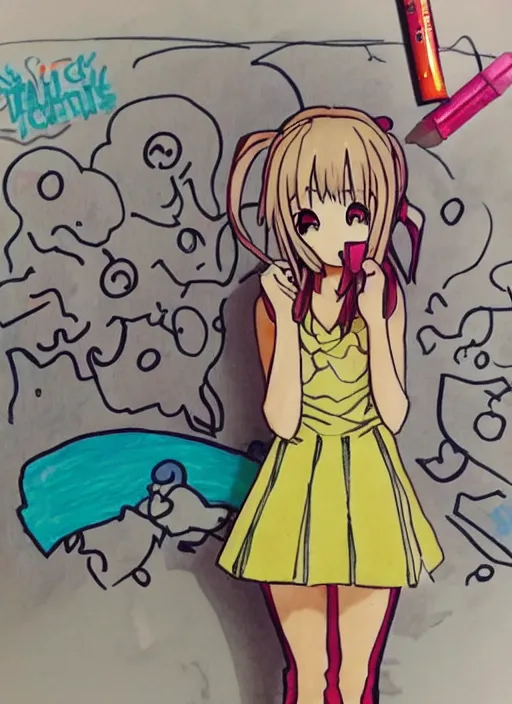 Image similar to very poorly drawn anime girl, cute outfit, posing, crayon art, very silly looking, very anime