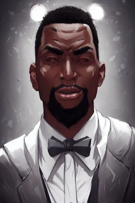 Image similar to detailed digital painting of handsome black man in corporate attire with short natural mohawk, fanart behance trending on artstation, concept art, matte, sharp focus, illustration, super hero pose, hearthstone, art by artgerm and greg rutkowski and alphonse mucha