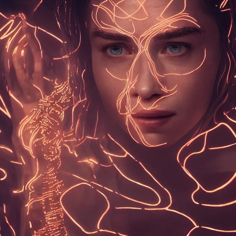 Image similar to emilia clarke covered in glowing lines, concept art, fantasy, extremely high detail, photorealism, octane render, 8 k