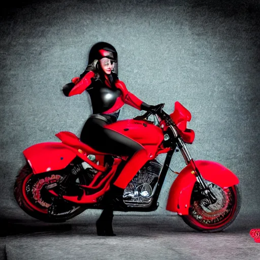 Prompt: photo of a woman that can transform into a motorcycle. detailed. red. beauty.