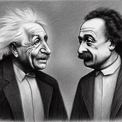 Image similar to Einstein and Newton speaks each other on a topic, pencil drawing, ultra detailed