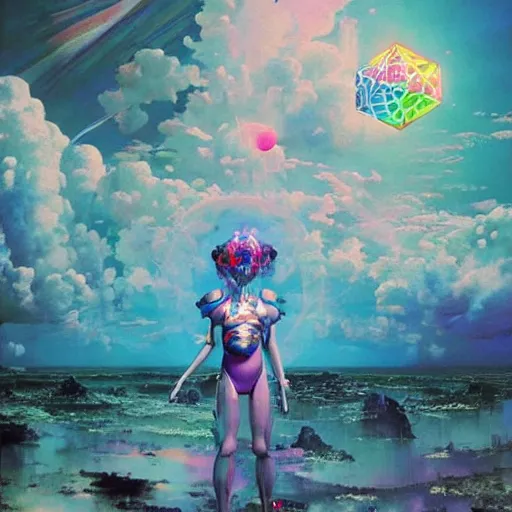 Prompt: surreal vaporwave painting, by yoshitaka amano, by ruan jia, by conrad roset, by kilian eng, by good smile company, incredibly detailed, of floating molecules and a mannequin artist holding an icosahedron with stars, clouds, and rainbows in the background, cgsociety, artstation, modular patterned mechanical costume and headpiece, vaporwave atmosphere