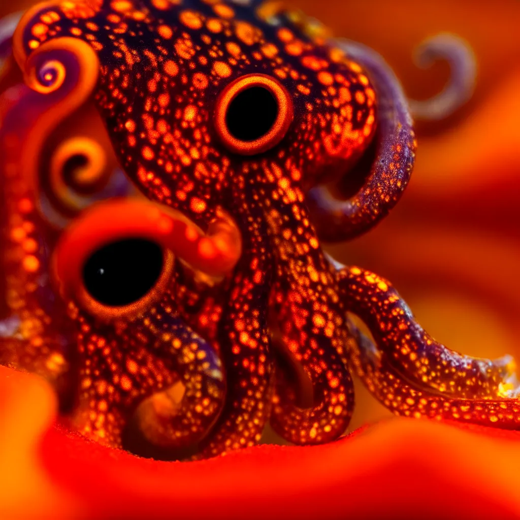 Image similar to fiery whimsical emotional eyes cephalopod, in a photorealistic macro photograph with shallow dof