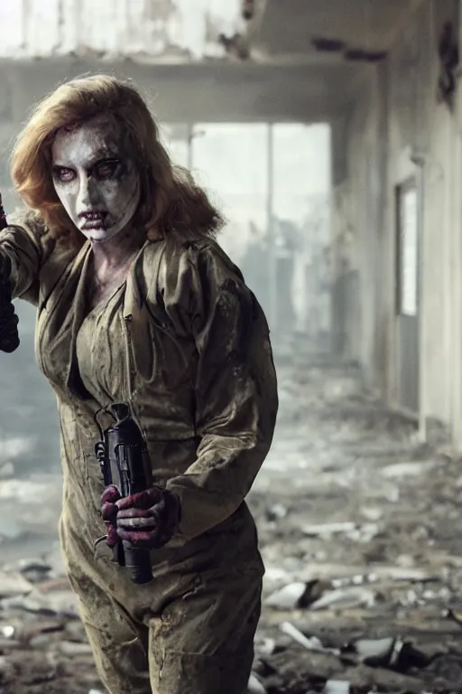 Image similar to dystopian hazmat woman holding zombie at gunpoint in dilapidated building. by Roger Deakins