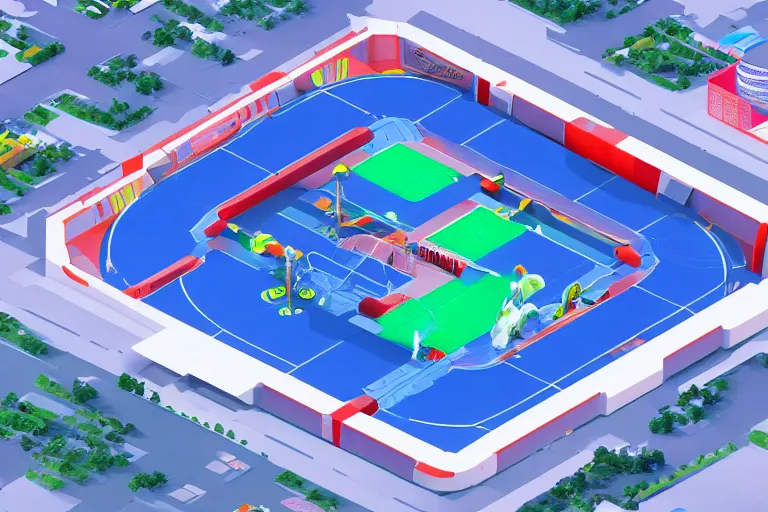 Image similar to isometric view of a futuristic high - tech sky arena inspired by modern skate parks and modern chinese playgrounds in the style of splatoon, day