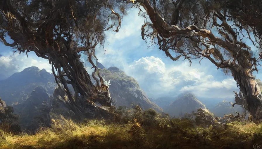 Prompt: excellent painted daemon in a wide epic beautiful landscape somewhere in australia with fluffy clouds, painted by Hans Fredrik Gude, Greg Rutkowksi, Craig Mullins and Artgerm, masterpiece, 4k, ultra realistic highly detailed oil painting