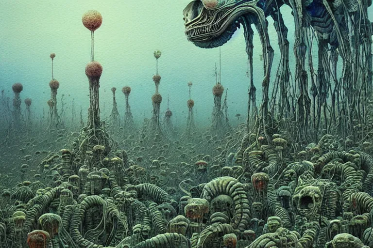 Image similar to a surreal and awe - inspiring science fiction landscape, alien plants and animals, intricate, elegant, highly detailed watercolor painting by beksinski and simon stalenhag