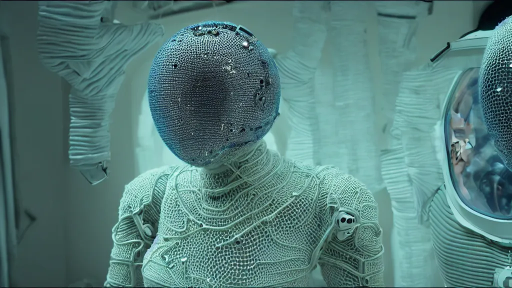 Image similar to a cybernetic symbiosis of a single astronaut eva suit made of wearing knitted yarn thread infected with diamond 3d fractal lace iridescent bubble 3d skin covered with insectoid compound eye camera lenses floats through the living room, film still from the movie directed by Denis Villeneuve with art direction by Salvador Dalí, wide lens,