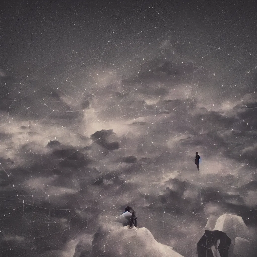 Prompt: constellations, hairline thin bridges in the sky, stairway to nowhere, holes, glitch art, analogue, collage with photographs of beautiful android women weaving between the lines, dark timeline, folding waves, glitch, supercell clouds, octane render, very sharp, beksinski, quint buchholz, charlie bowater, pranckevicius