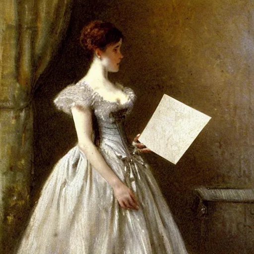 Image similar to young victorian lady in ball gown, a little card and pencil in hand, painted by alfred stevens