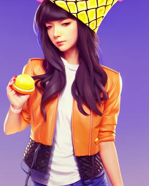 Image similar to pineapple girl wearing a candy hat and leather jacket, fine detail!! anime!! realistic shaded lighting!!, kim hyun joo, digital painting by ilya kuvshinov, magali villeneuve, artgerm, jeremy lipkin and michael garmash and rob rey