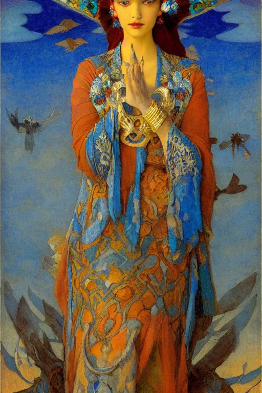 Image similar to queen of the dawn with her lantern and birds, by Nicholas Roerich and Gaston Bussière and jean delville and Annie Swynnerton, elaborate headdress and embroidered velvet, iridescent beetles, rich color, dramatic cinematic lighting, extremely detailed