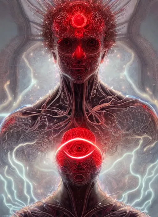 Prompt: cthonic resonance, red and white fractal glowing eyes, genetically augmented pale white young man wreathed in white gold flames, tracing the central nervous system throughout his body, fantasy, extremely detailed, digital painting, artstation, concept art, smooth, sharp focus, illustration, stunning lighting, art by artgerm and greg rutkowski and alphonse mucha and simon stalenhag, realistic character concept, high fantasy, dark atmosphere, golden ratio, cinematic lighting, hyperdetailed, high resolution, insanely detailed and intricate, artstation, Marc Simonetti, Greg Rutkowski, 8k